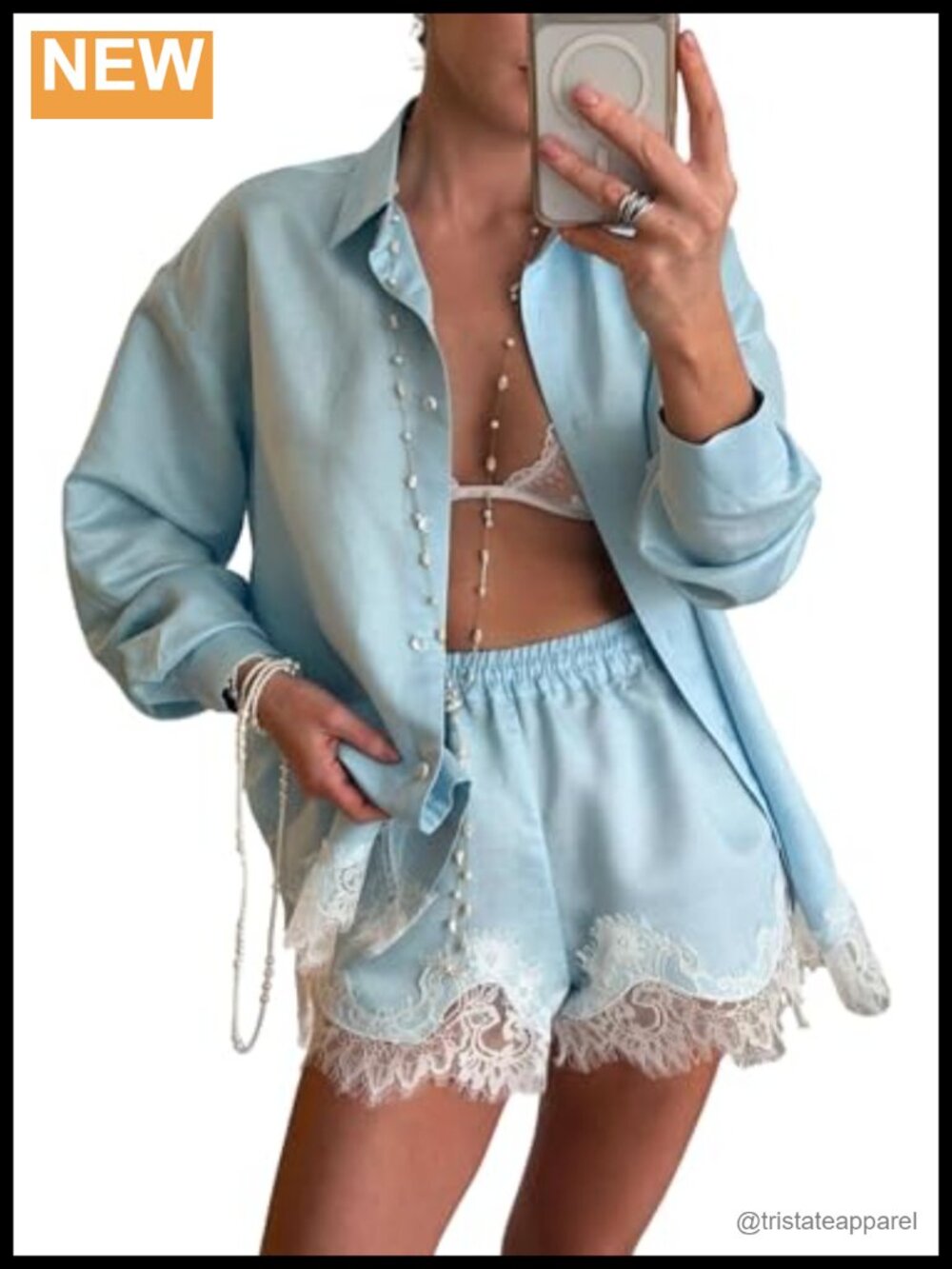 Women's Lace Trim 2 Piece Set: Button Down Shirt & Elastic Waist Shorts